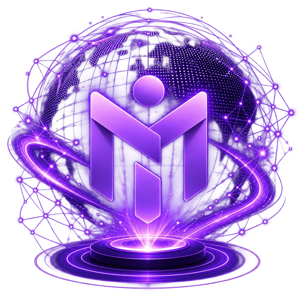 Mindex Digital mark in front of a glowing digital globe with a purple orbital ring